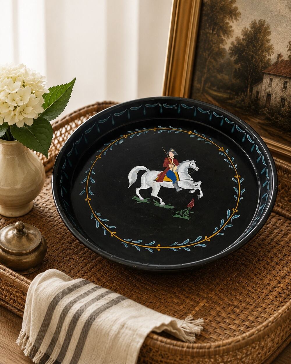 Vintage hand painted Colonial soldier horse round black metal serving tray 13”